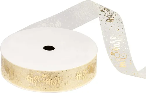 Miniatura 6 de Cinta de regalo transparente dorada, cinta de hilo de nieve con letras de Mr & Mrs e impresión de anillo para despedida de soltera, 3/4 pulgadas x