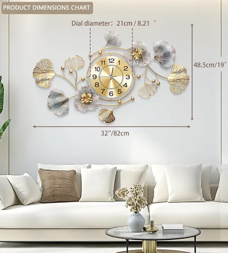 Miniatura 2 de Relojes para sala de estar, reloj de pared grande, reloj de pared silencioso 3D, diseño retro de hoja de ginkgo de metal, para dormitorio, cocina