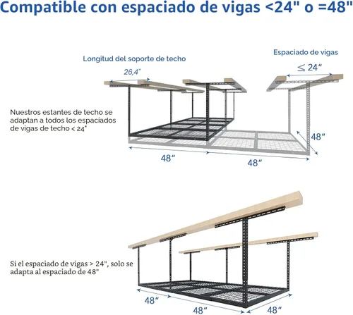 Miniatura 4 de FLEXIMOUNTS Estante de almacenamiento aéreo para garaje de 4x8, sistema de organización ajustable, estantes de techo de metal de alta resistencia