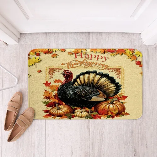 Erosebridal Thanksgiving Turkey Bathroom Rugs - Fall Leaves Pumpkin Bath Mat for Kids Adults, Vintage Autumn Harvest Door Mat 16 x 24 Inch | Rustic