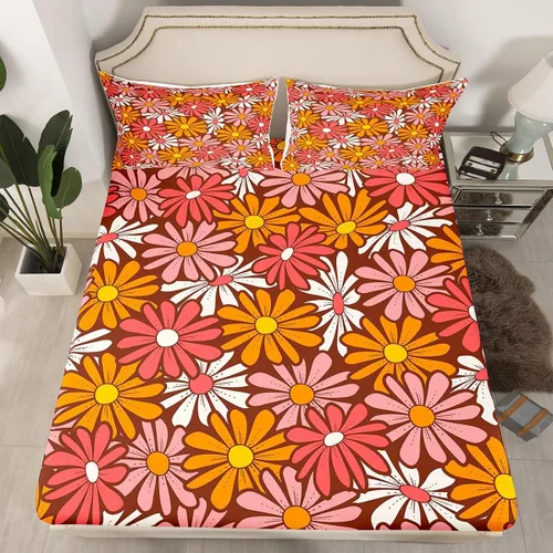 Miniatura 2 de Juego de sábanas para niñas, tamaño individual, diseño floral bohemio de los años 60 y 70 años, diseño hippie kawaii, decoración de habitación