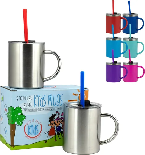 Miniatura 12 de Real Deal Steel "Keep it Real Kids Mugs - Taza de café para niños 100% sin plomo y BPA para chocolate caliente - Juego de 2 Azul océano/azul turquesa