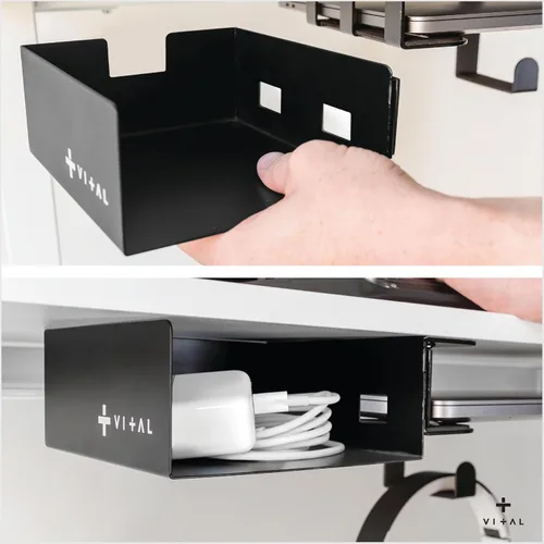 Miniatura 8 de VI+AL Soporte para laptop debajo del escritorio - Estante oculto de metal con almacenamiento lateral, gancho y organizador de cables - Se instala