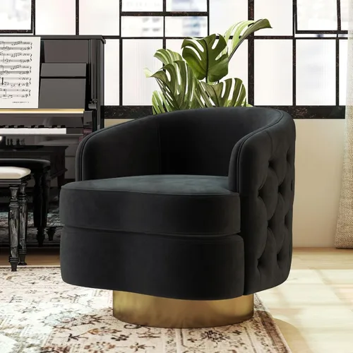 Hyfirm Silla decorativa moderna negra, sillón giratorio de barril para sala de estar, sillas cómodas de terciopelo con botones, asiento de sofá