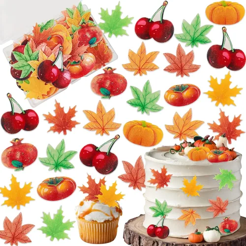 Miniatura 7 de Morofme 50 piezas comestibles de hojas de otoño para cupcakes, hojas de arce, decoración comestible de hojas doradas, papel de oblea, hojas
