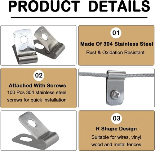Miniatura 3 de Clips de Cerca de Alambre de Metal 100 Piezas Abrazaderas de Alambre Clips de Montaje de Cerca de Acero Inoxidable con 100 Piezas Tornillos de Acero