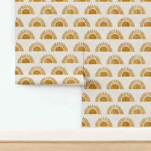 Miniatura 4 de Papel tapiz autoadhesivo para despegar y pegar, estampado de bloques bohemios, sol sol en naranja dorado, papel tapiz extraíble personalizado por