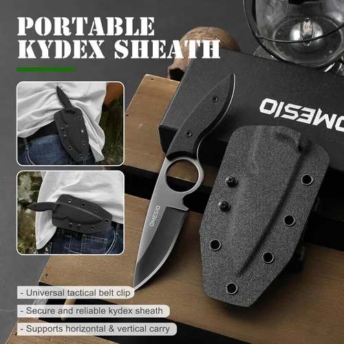 Miniatura 5 de Omesio Cuchillo pequeño de hoja fija, cuchillo táctico de caza y campamento con funda Kydex, acero inoxidable de espiga completa compacto EDC