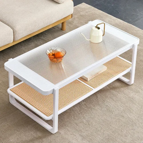 Miniatura 3 de Mesa de centro moderna minimalista blanca de doble capa de madera maciza. Mesa de cristal, mesa con borde de ratán de imitación. Mesa rectangular