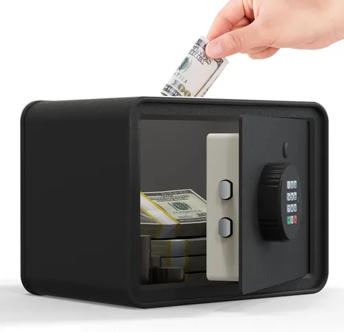 Caja Fuerte Mini para Niños Caja de Dinero Pequeña – GoldenKey Negro Macarrón 7"x9.4"x6.3" Caja Fuerte de Seguridad de Dinero con Ranura para