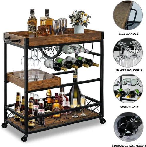 Miniatura 5 de Carrito de bar para el hogar, carrito de servicio industrial de 3 neumáticos con ruedas bloqueables, carrito de bebidas alcohólicas con 2 bandejas