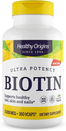 Healthy Origins Biotina 10,000 mcg (10 mg), 360 cápsulas vegetarianas – Suplemento de vitamina B7 de grado USP de alta potencia – Apoya el