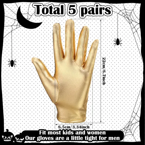 Miniatura 2 de Jiuguva 5 pares de guantes metálicos para disfraz de Halloween, cortos, brillantes, de princesa, elásticos, para mujeres, niños, fiesta, Halloween