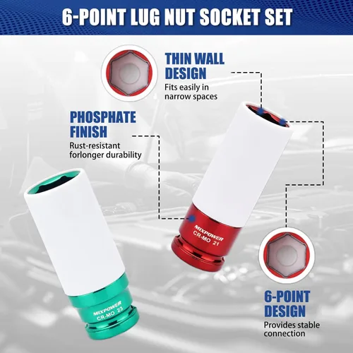 Miniatura 4 de MIXPOWER Protector de rueda de transmisión de 1/2 pulgada, juego de 7 piezas de enchufe de impacto profundo de pared delgada, enchufe de tuerca