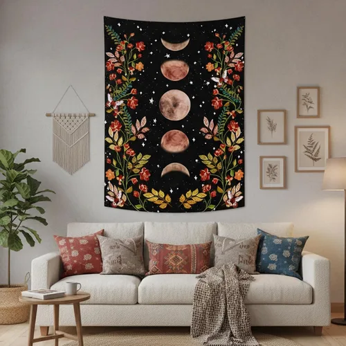 Miniatura 2 de Lifeel - Tapiz de jardín con luz de luna, fase lunar rodeada de vides y flores, tapiz negro para decoración de pared