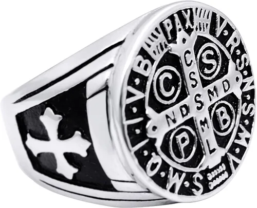 Miniatura 2 de enhong Anillo de exorcismo de San Benito para hombres de acero inoxidable católico de la cruz romana de la protección del demonio cazador