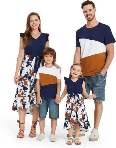 PATPAT Conjuntos de verano a juego para la familia, vestidos y camisetas para mamá y yo, conjuntos de camisetas casuales para vacaciones
