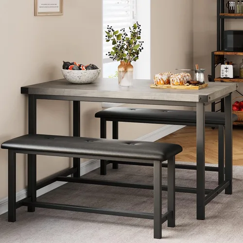 Miniatura 8 de IDEALHOUSE Juego de mesa de comedor de 3 piezas, mesa de cocina y bancos para 4, juego de mesa de comedor rectangular con 2 bancos tapizados, juego