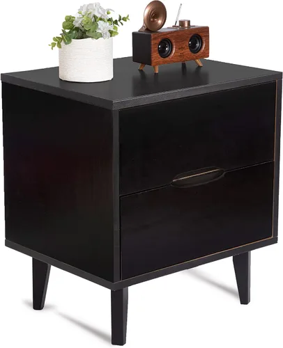 Mesita de noche de madera con mango ranurado moderno de mediados de siglo, cajón de almacenamiento y estante, mesa auxiliar de noche, 2 cajones Negro