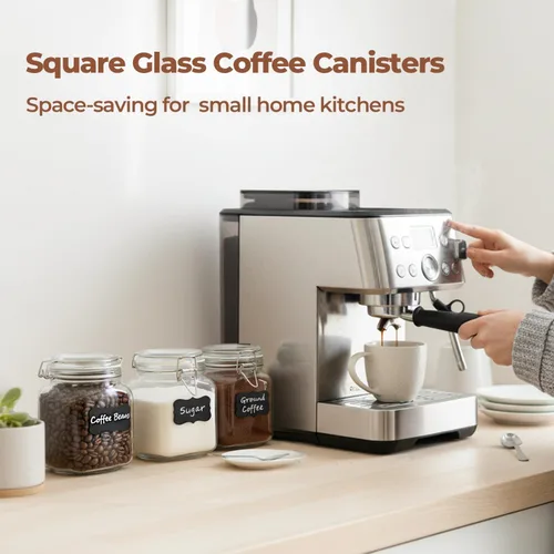 Miniatura 3 de ComSaf Paquete de 3 recipientes de café cuadrados de vidrio para bolsas de frijoles de 1 libra, tarros herméticos de 34 onzas con tapas
