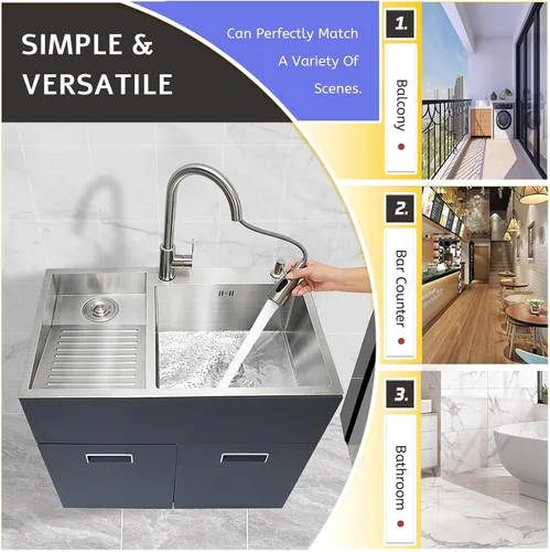 Miniatura 2 de Fregadero de lavandería de acero inoxidable con tabla de lavado integrada, bañera para lavar a mano con panel grueso, fregadero de lavandería