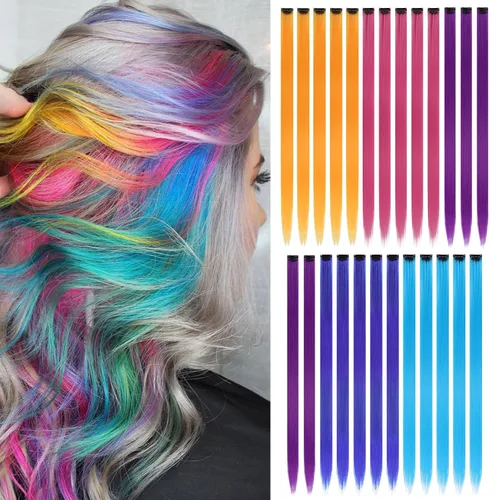 Miniatura 13 de Paquete de 12 extensiones de cabello de colores arcoíris, mechones para fiestas, 22 pulgadas, extensiones de cabello coloridas con clip, mechones