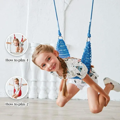 Miniatura 8 de Columpio para niños tejido a mano, asiento portátil para columpio de árbol para interiores y exteriores, cuerdas ajustables, con correa para colgar