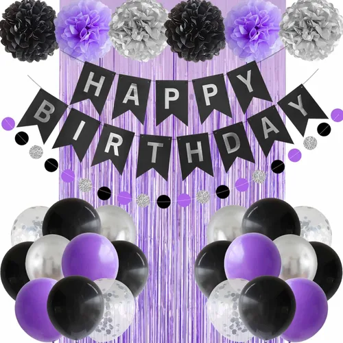 ANSOMO - Decoraciones de fiesta de cumpleaños color negro, morado y plateado para mujeres y hombres | Globos de pancarta para niños y niñas, 16, 20,
