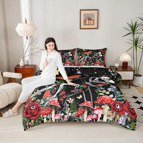 Miniatura 33 de Juego de edredón de champiñones para niños, tamaño individual, juego de ropa de cama romántica con sol, luna, cielo estrellado y galaxia, decoración
