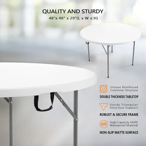 Miniatura 3 de VINGLI Mesa comercial redonda bi-plegable blanca de 48", mesa de comedor/cartas de plástico portátil de 4 pies para cocina o fiesta al aire libre