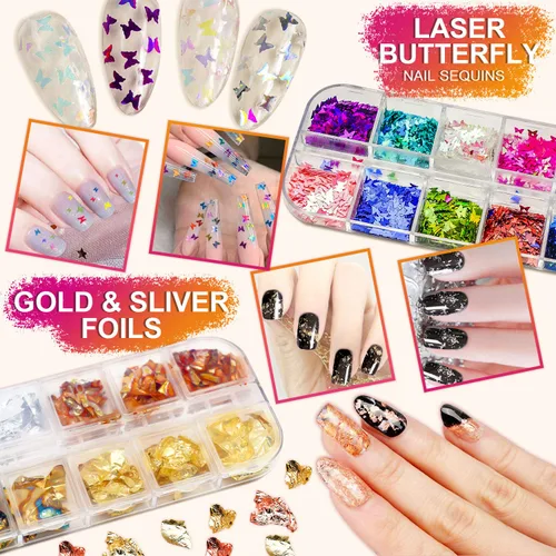 Miniatura 6 de Kit de pinceles y decoraciones de uñas - Arte de uñas 3D, herramientas de puntos, purpurina, calcomanías, diamantes de imitación, papel de aluminio
