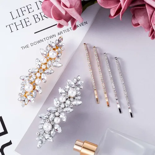 Miniatura 7 de HINZIC 2 pasadores de pelo con perlas, 6 pasadores de metal con diamantes de imitación brillantes, pinzas decorativas para boda, graduación, San