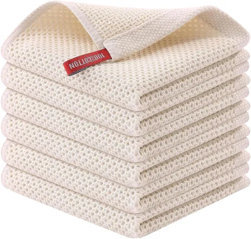 QUILTINA Kitchen Dish Cloths 6 Pack, 12 x 12 Inches, 103% Cotton Waffle Weave Dish Towels, Super Absorbent Quick Drying, Beige