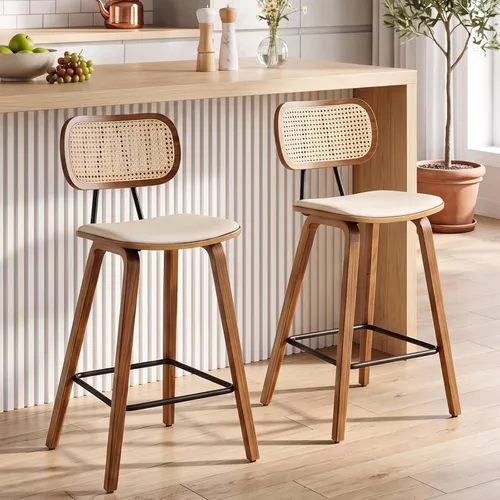 Ya-Home Mid-Century - Juego de 2 taburetes de bar de piel sintética de 26 pulgadas con respaldo de ratán abierto, patas de madera, sillas de bar sin