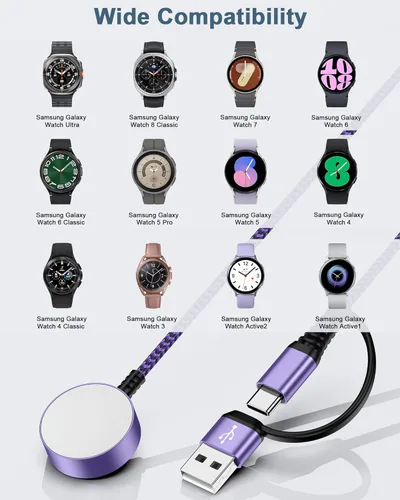 Miniatura 7 de Cargador de 3.3 pies para Galaxy Watch 7, cargador inalámbrico magnético Samsung [puerto dual USB A/C] cable de carga rápida compatible con Galaxy