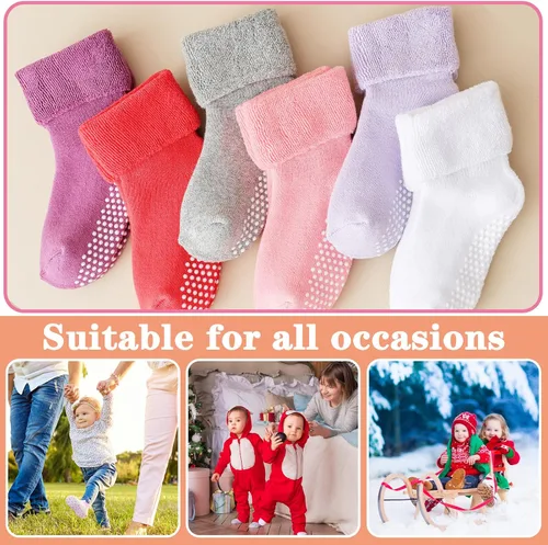 Miniatura 6 de hakugoo 6 pares de calcetines antideslizantes para niños pequeños con pinzas de invierno, gruesos, cálidos, acogedores, calcetines para bebés y niños