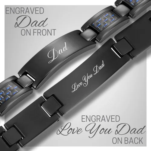 Miniatura 2 de DAD pulsera de titanio con mensaje grabado "Love You Dad" de fibra de carbono, herramienta para ajustar y caja de regalo incluidos, titanio, Azul