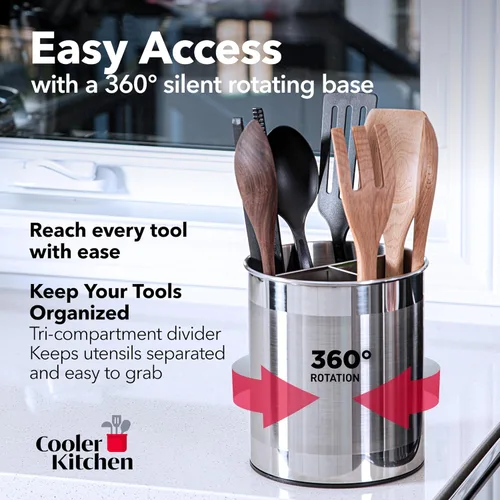 Miniatura 2 de Cooler Kitchen Portautensilios Giratorio Extra Grande de Acero Inoxidable con Base Pesada Estable Anti-Volcado, Divisor Extraíble, e Inserto Plateado