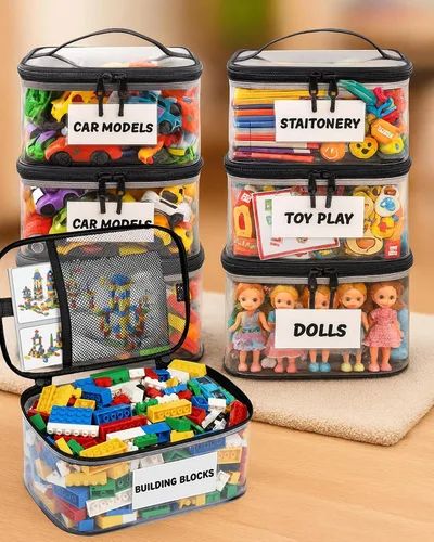 Miniatura 8 de Paquete de 6 bolsas de almacenamiento transparentes extra grandes con etiqueta y bolsillo, bolsas organizadoras versátiles impermeables para libros