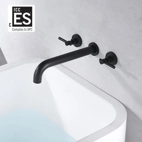 Miniatura 2 de Llenador de Bañera de Montaje en Pared Negro Mate Grifo de Bañera de Alto Flujo Dos Manijas Latón Sólido, Alcance de Caño Largo, sumerain