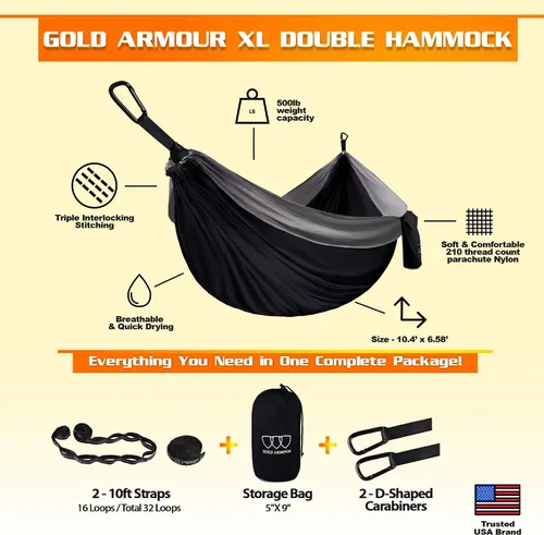 Miniatura 2 de Gold Armour Hamaca de camping – Hamaca doble XL, hamaca portátil, accesorios de camping, equipo para exteriores e interiores con correas de árbol
