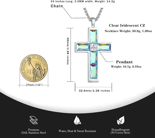 Miniatura 55 de Collar de cruz para hombre, piedras preciosas de color piedra natal de circonita cúbica, collar de acero inoxidable para hombre, cadena de 24