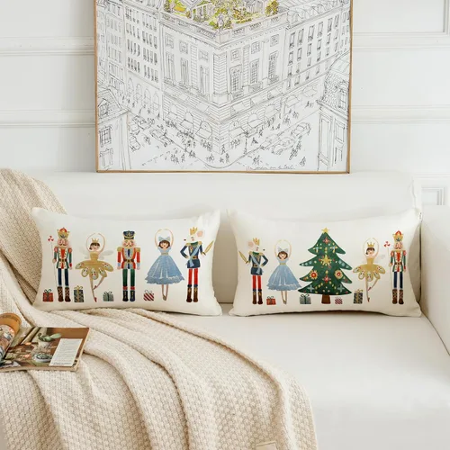 Miniatura 2 de Juego de 2 fundas de almohada de Feliz Navidad de 12 x 20 pulgadas, fundas de almohada de cascanueces de Navidad, fundas de cojín de invierno