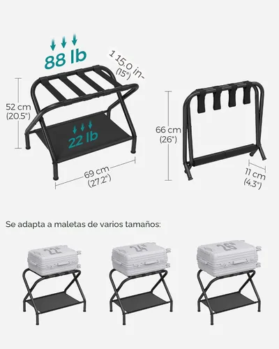 Miniatura 6 de SONGMICS Portaequipajes para habitación de invitados, juego de 2 soportes para maleta, marco de acero plegable, para hotel, dormitorio, soporta Negro