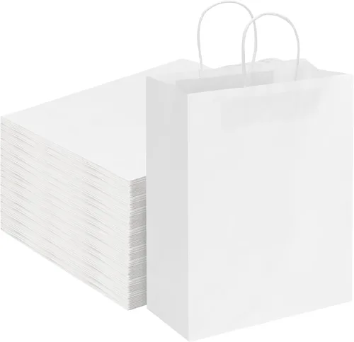 Moretoes Bolsas de papel con asas, 100 unidades de 10 x 5 x 13 pulgadas, bolsas de regalo de papel kraft blancas a granel para compras, venta al por