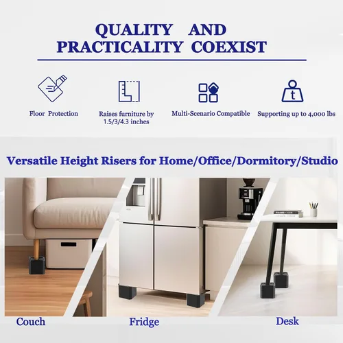 Miniatura 4 de Elevadores de cama resistentes, bloques elevadores de muebles ajustables de 1.5, 3, 4.3 pulgadas para patas de sofá, mesa, escritorio, refrigerador