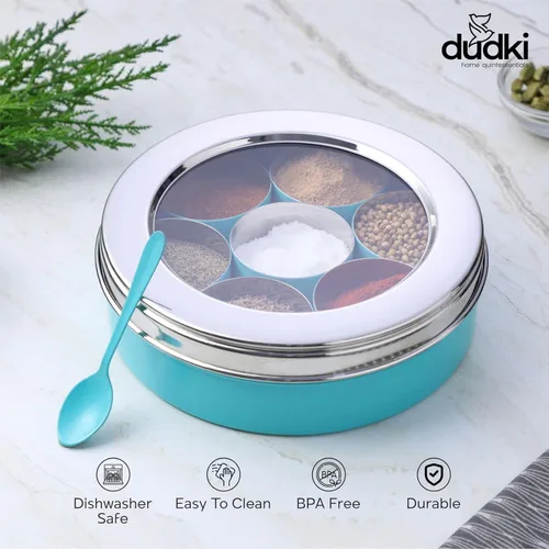 Miniatura 2 de DUDKI Homes - Caja Masala de acero inoxidable, caja de especias, Masala Dabba con organizador de cocina con tapa transparente con 7 recipientes