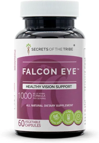 Secrets of the Tribe Falcon Eye 60 cápsulas, 1000 mg, Arándano, Eyebright, Ginkgo, té verde, zanahoria, uva. Apoyo a la visión saludable (60