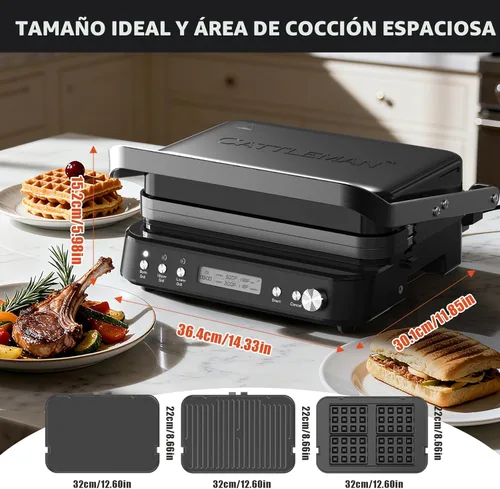 Miniatura 7 de CATTLEMAN Plancha para Parrilla Panini Sandwichera con Placas Extraíbles, 1600W, Waflera 6 en 1 y Parrilla Eléctrica para Interiores con Termómetro