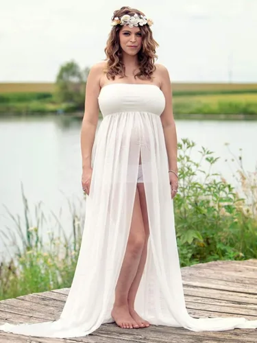 Miniatura 3 de Vestido de maternidad sin tirantes para mujer, con hombros descubiertos, para fotografía, vestido de gasa con abertura frontal para sesión de fotos